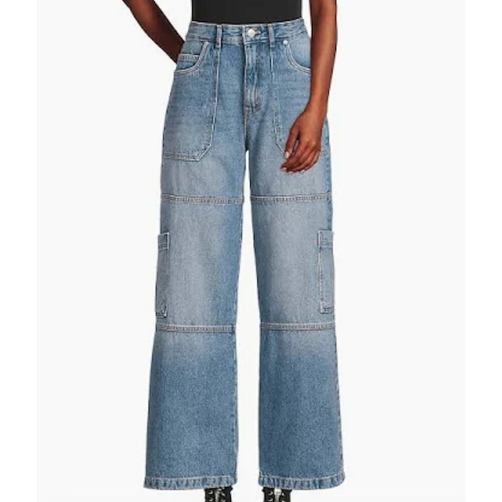 AVEC LES FILLES NWT High Rise Wide Leg Cargo Jeans Cavern Wash 26 Rich Mom